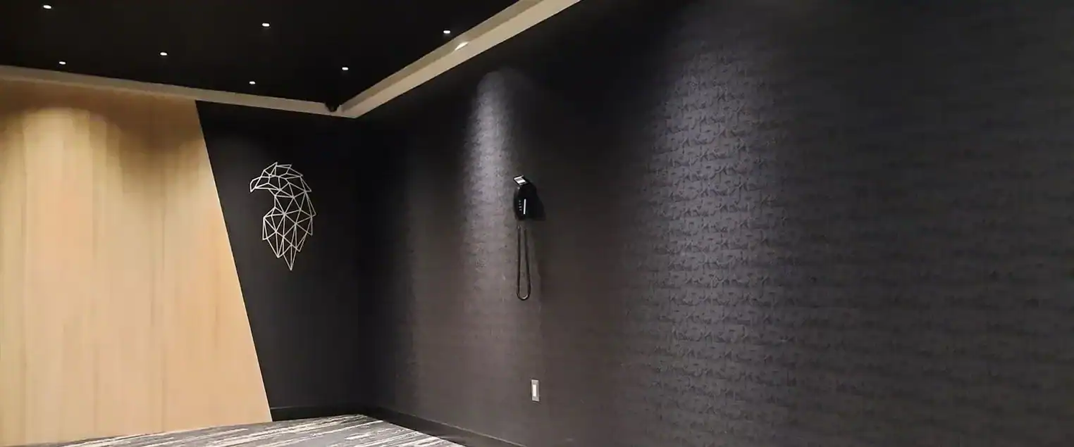 Commercial Interior Texture Painting and Accent Wall A dark commercial interior room featuring a textured accent wall and light wood paneling.