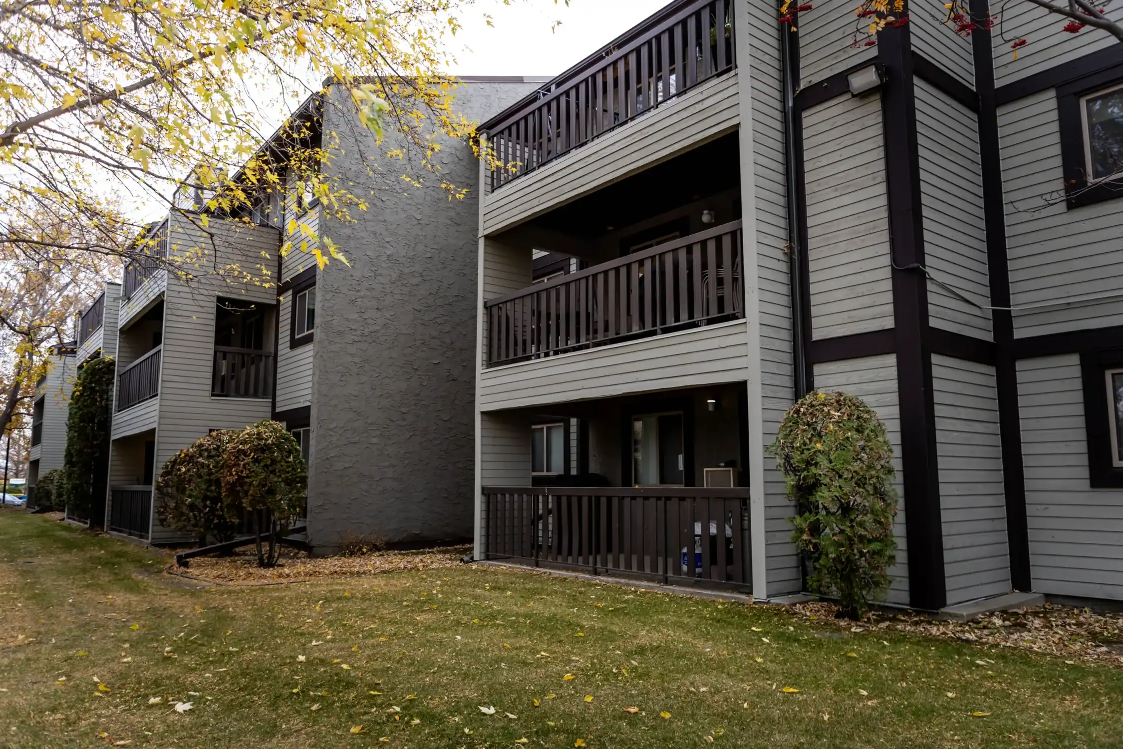 Multi Family Apartment Exterior Painting Services Exterior view of a multi family apartment building with gray siding and dark trim, ready for painting.