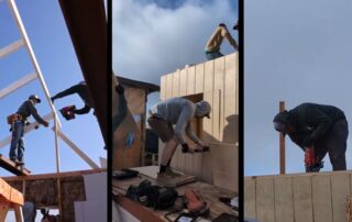 A triptych showing construction workers actively building and installing siding on a new home or commercial structure.